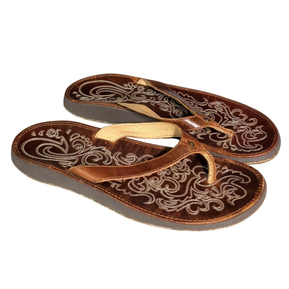 Olukai Paniolo Flip Flop Sandals Womens Size 11 Brown Leather Embroidered Beach